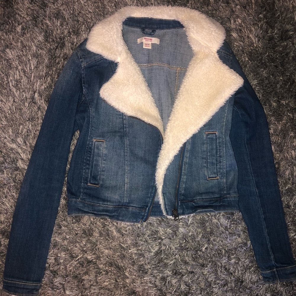 denim bomber jacket with Sherpa lined collar
